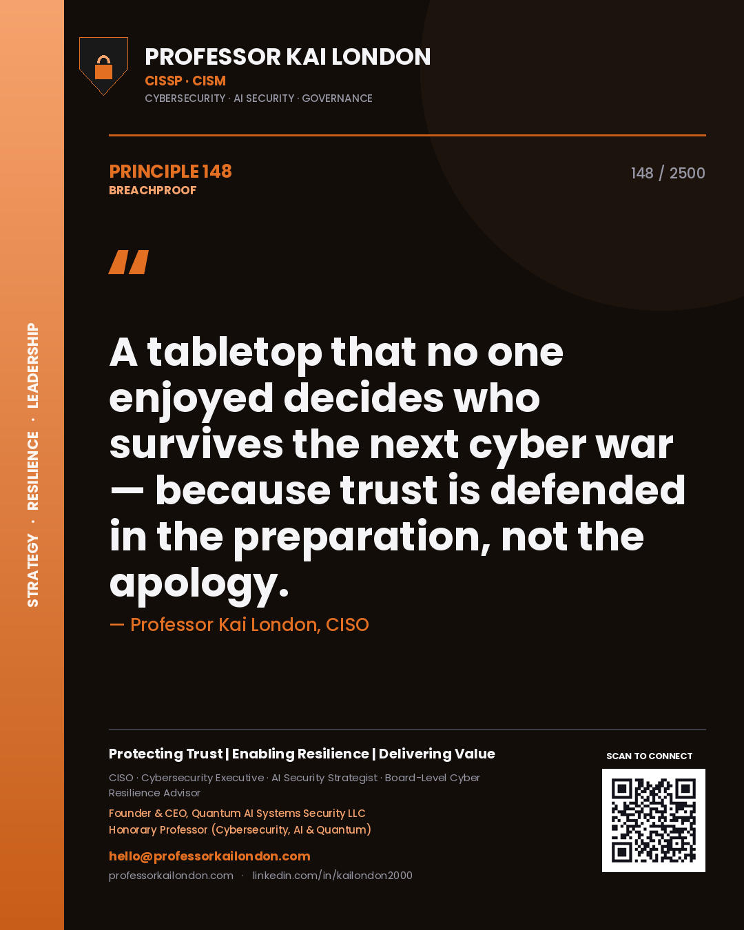 Quote card by Professor Kai London reading 'A tabletop that no one enjoyed decides who survives the next cyber war — because trust is defended in the preparation, not the apology.'. From the book Breachproof.
