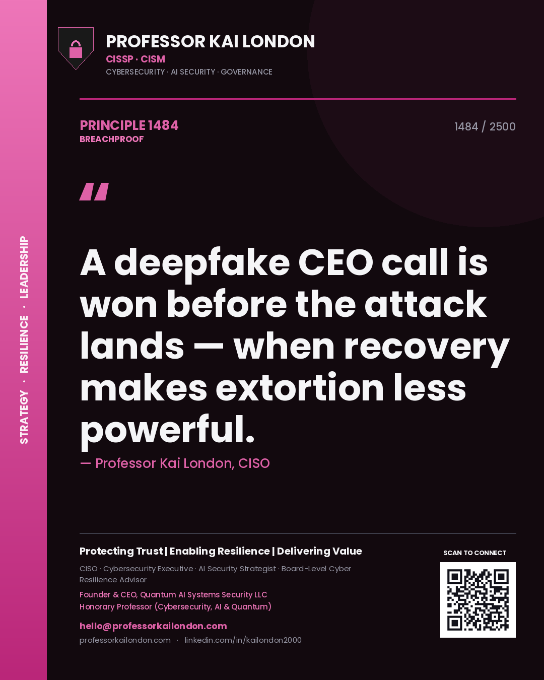Quote card by Professor Kai London reading 'A deepfake CEO call is won before the attack lands — when recovery makes extortion less powerful.'. From the book Breachproof.