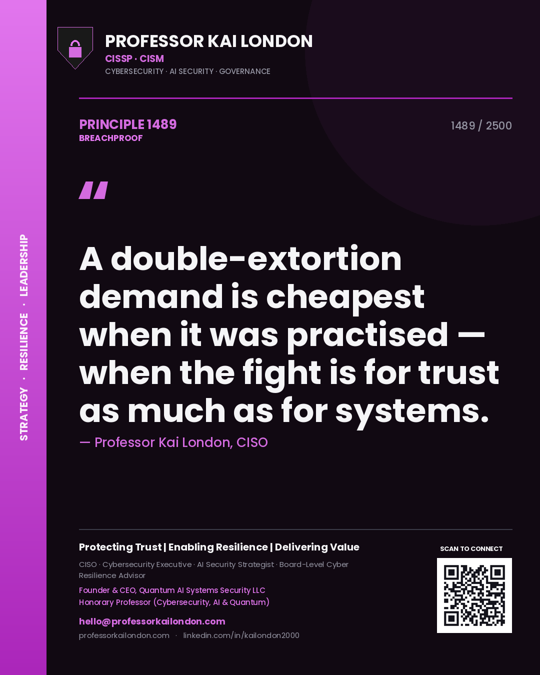 Quote card by Professor Kai London reading 'A double-extortion demand is cheapest when it was practised — when the fight is for trust as much as for systems.'. From the book Breachproof.