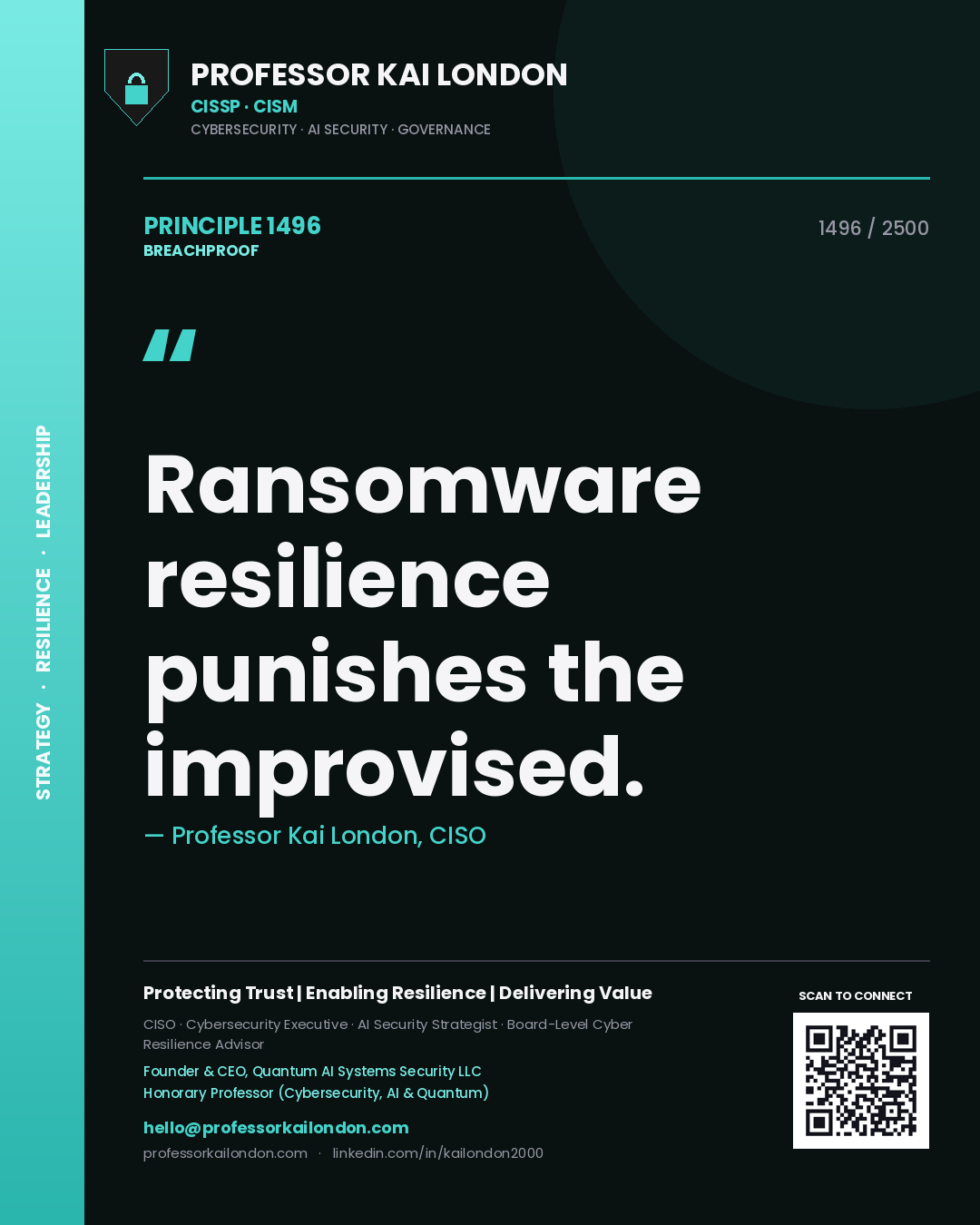 Quote card by Professor Kai London reading 'Ransomware resilience punishes the improvised.'. From the book Breachproof.