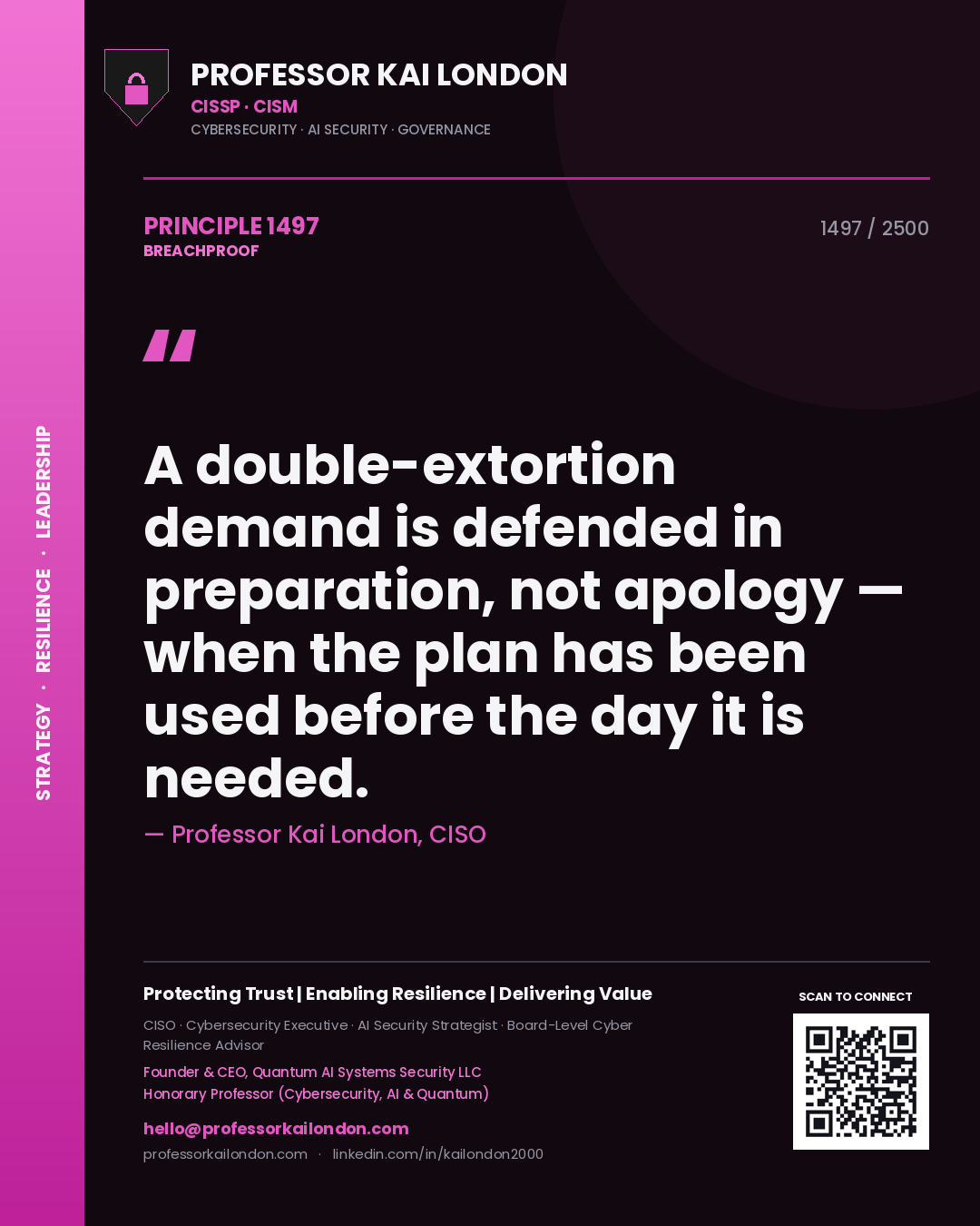 Quote card by Professor Kai London reading 'A double-extortion demand is defended in preparation, not apology — when the plan has been used before the day it is needed.'. From the book Breachproof.