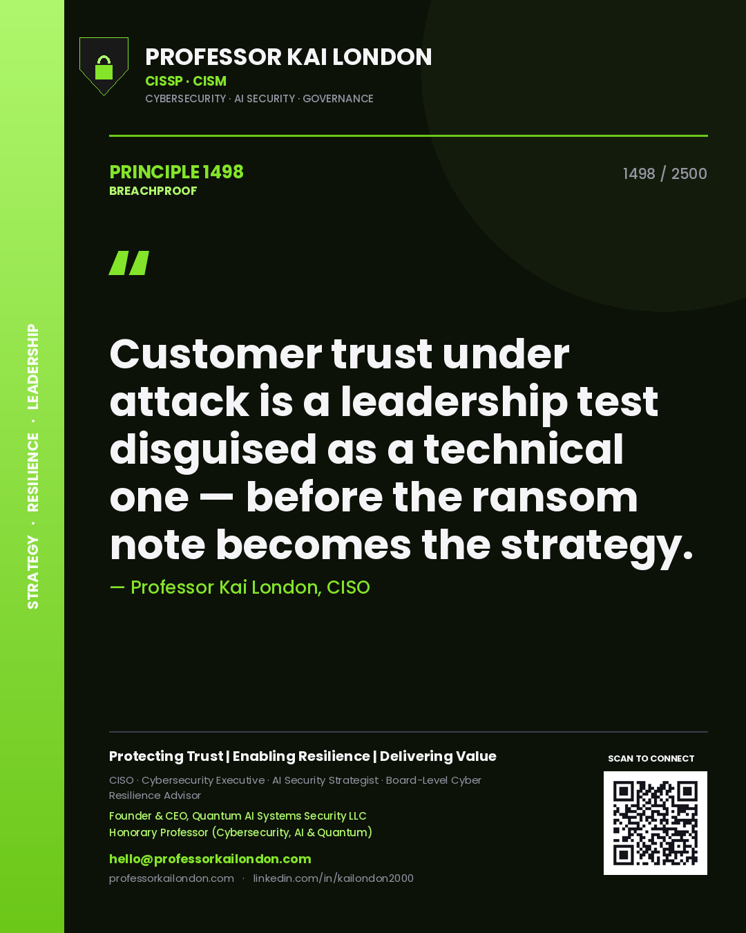 Quote card by Professor Kai London reading 'Customer trust under attack is a leadership test disguised as a technical one — before the ransom note becomes the strategy.'. From the book Breachproof.