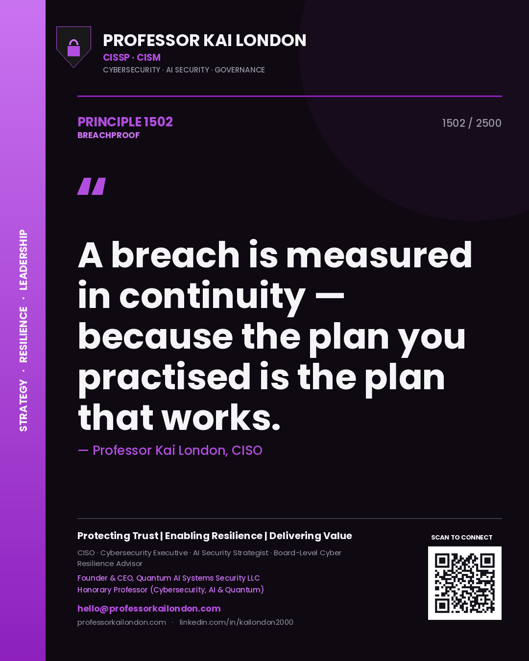 Quote card by Professor Kai London reading 'A breach is measured in continuity — because the plan you practised is the plan that works.'. From the book Breachproof.