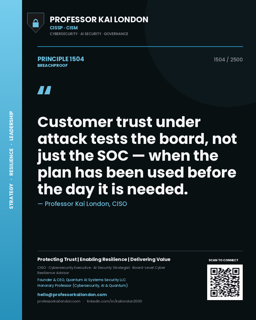 Quote card by Professor Kai London reading 'Customer trust under attack tests the board, not just the SOC — when the plan has been used before the day it is needed.'. From the book Breachproof.