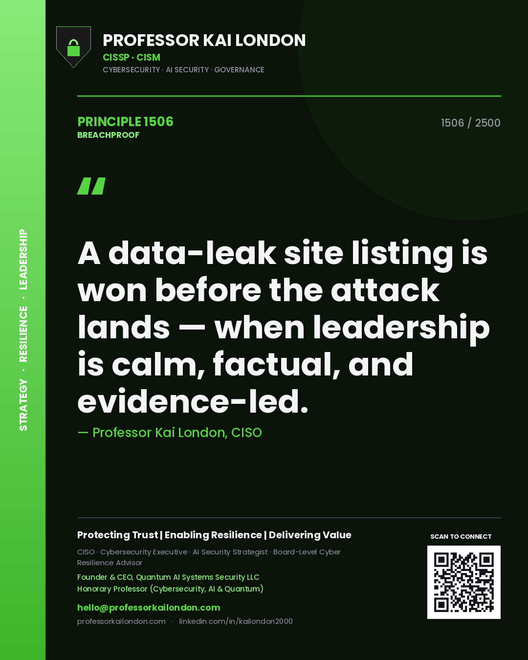 Quote card by Professor Kai London reading 'A data-leak site listing is won before the attack lands — when leadership is calm, factual, and evidence-led.'. From the book Breachproof.