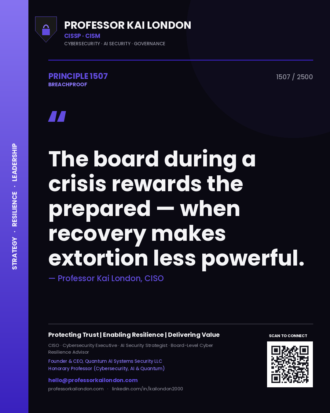 Quote card by Professor Kai London reading 'The board during a crisis rewards the prepared — when recovery makes extortion less powerful.'. From the book Breachproof.