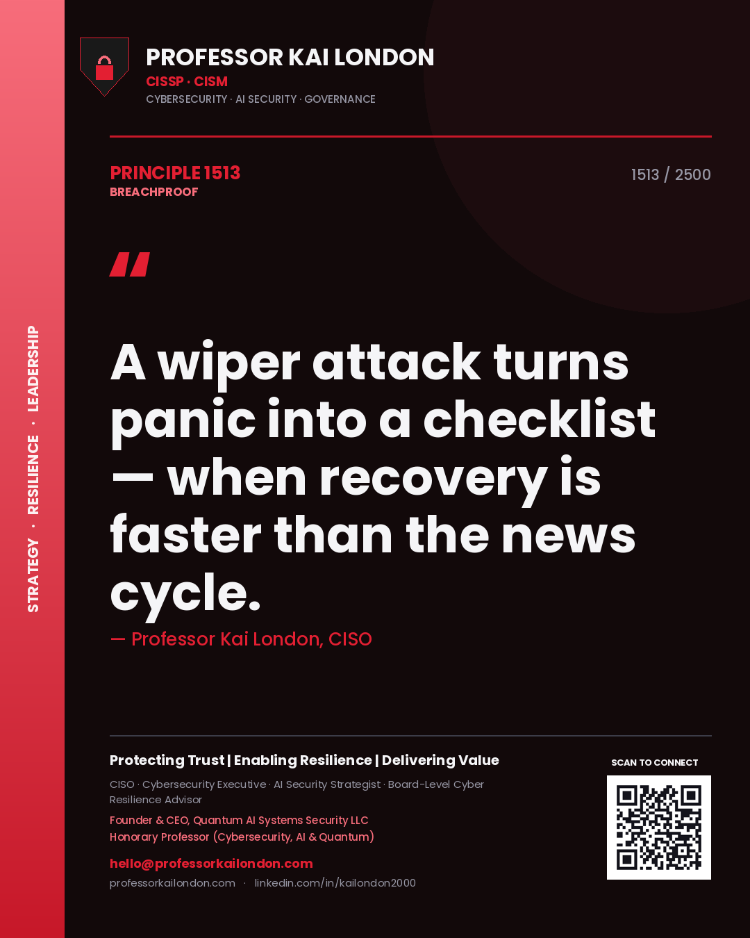 Quote card by Professor Kai London reading 'A wiper attack turns panic into a checklist — when recovery is faster than the news cycle.'. From the book Breachproof.
