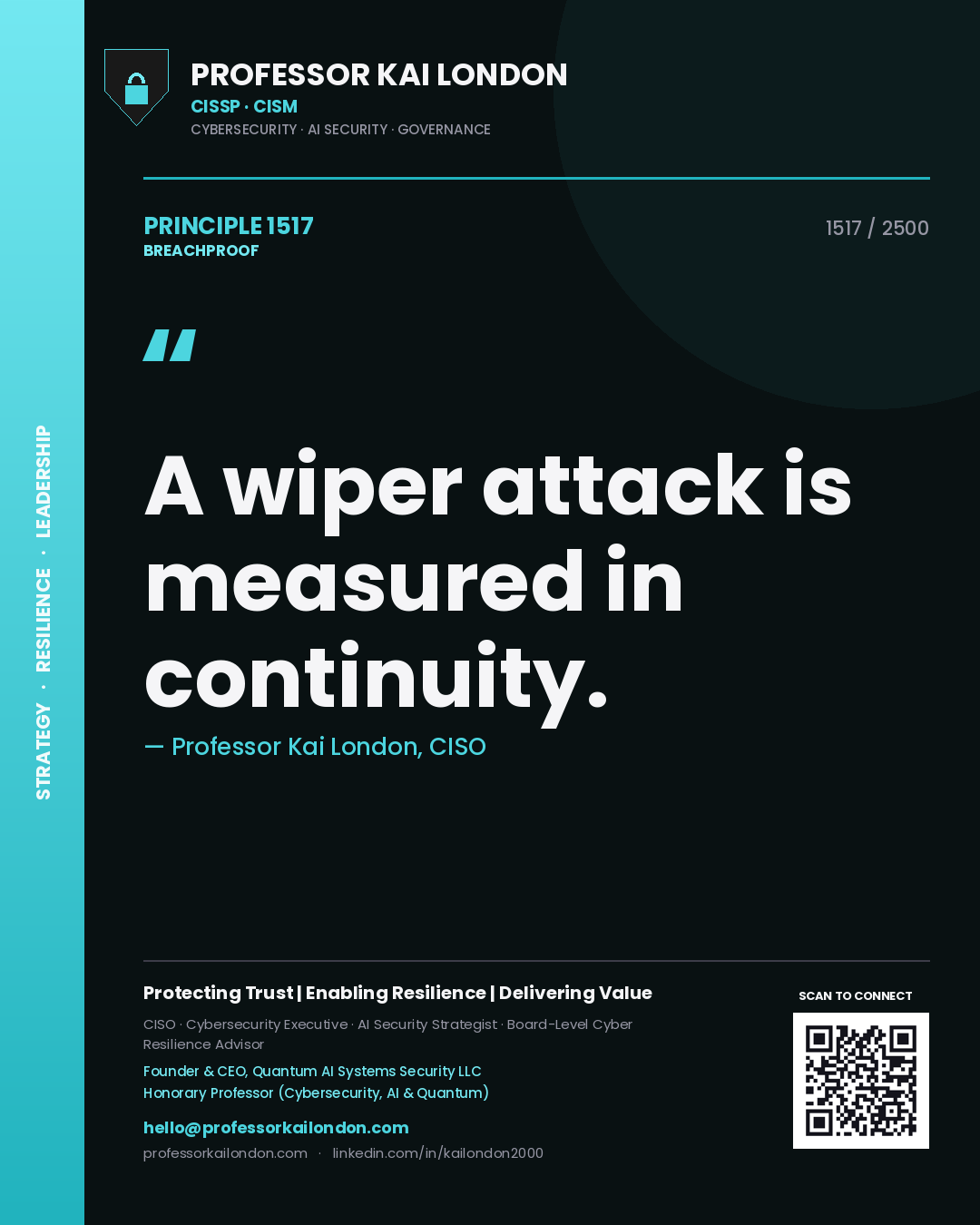 Quote card by Professor Kai London reading 'A wiper attack is measured in continuity.'. From the book Breachproof.