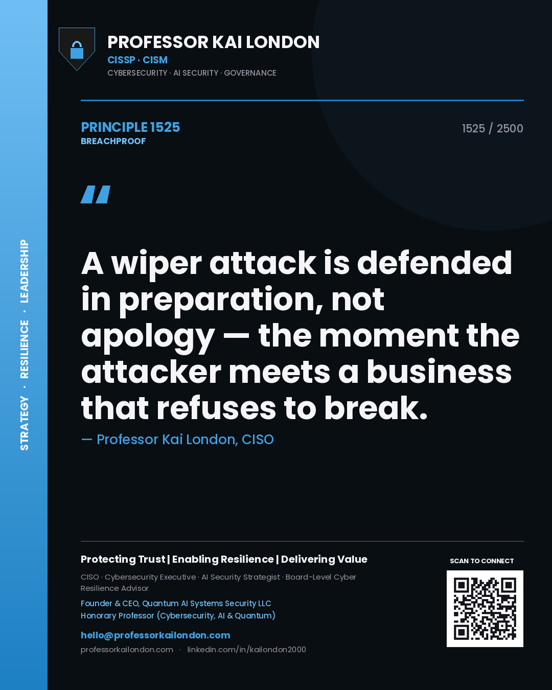 Quote card by Professor Kai London reading 'A wiper attack is defended in preparation, not apology — the moment the attacker meets a business that refuses to break.'. From the book Breachproof.
