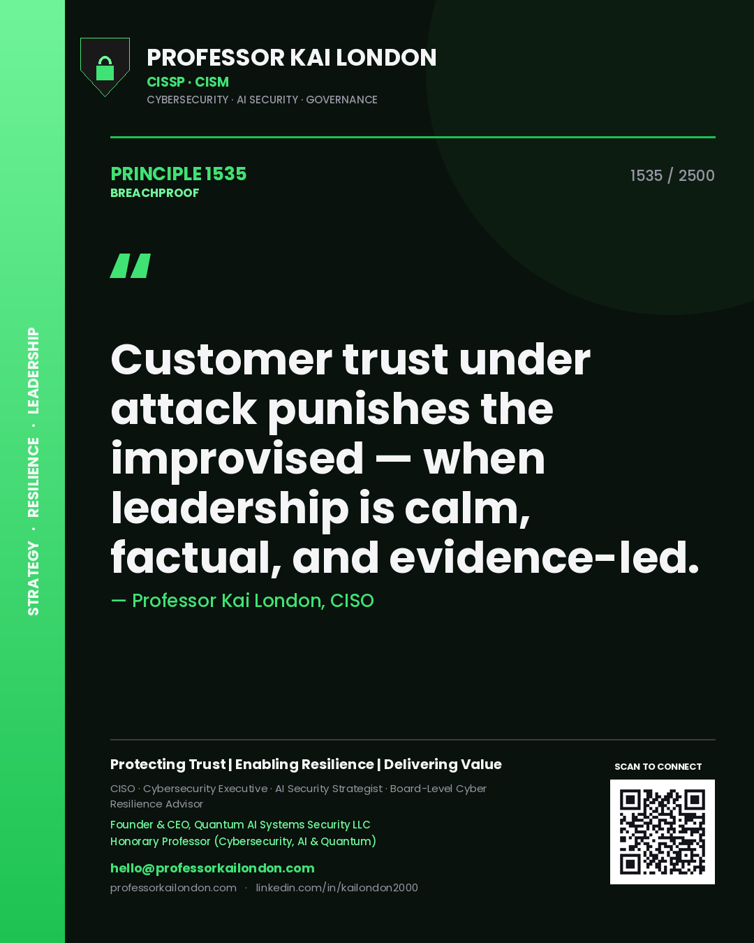 Professor Kai London principle 1535: Customer trust under attack punishes the improvised — when leadership is calm, factual, and evidence-led.