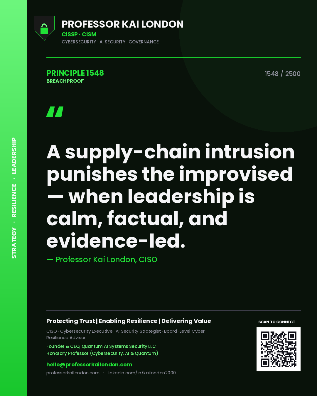 Quote card by Professor Kai London reading 'A supply-chain intrusion punishes the improvised — when leadership is calm, factual, and evidence-led.'. From the book Breachproof.