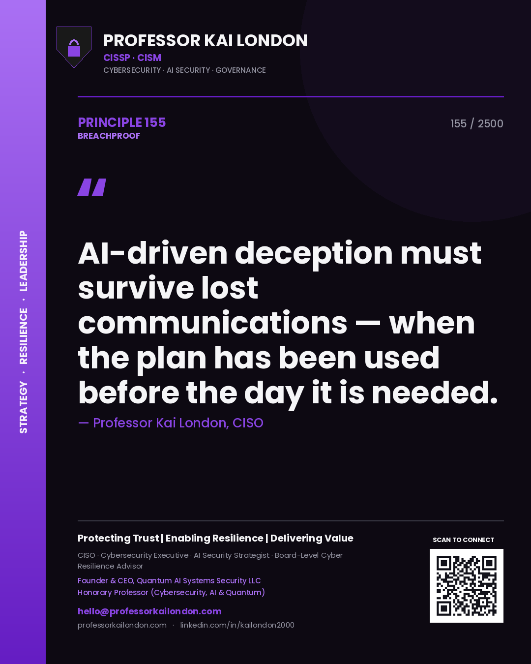 Quote card by Professor Kai London reading 'AI-driven deception must survive lost communications — when the plan has been used before the day it is needed.'. From the book Breachproof.