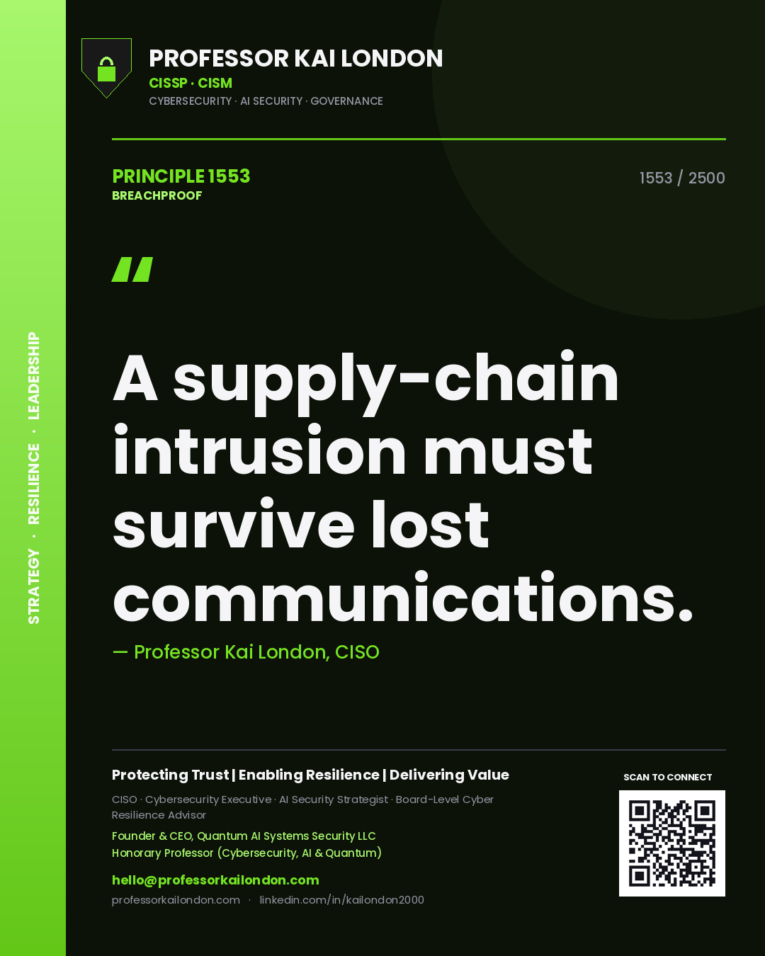 Quote card by Professor Kai London reading 'A supply-chain intrusion must survive lost communications.'. From the book Breachproof.
