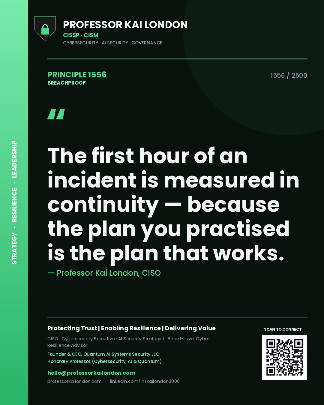 Quote card by Professor Kai London reading 'The first hour of an incident is measured in continuity — because the plan you practised is the plan that works.'. From the book Breachproof.
