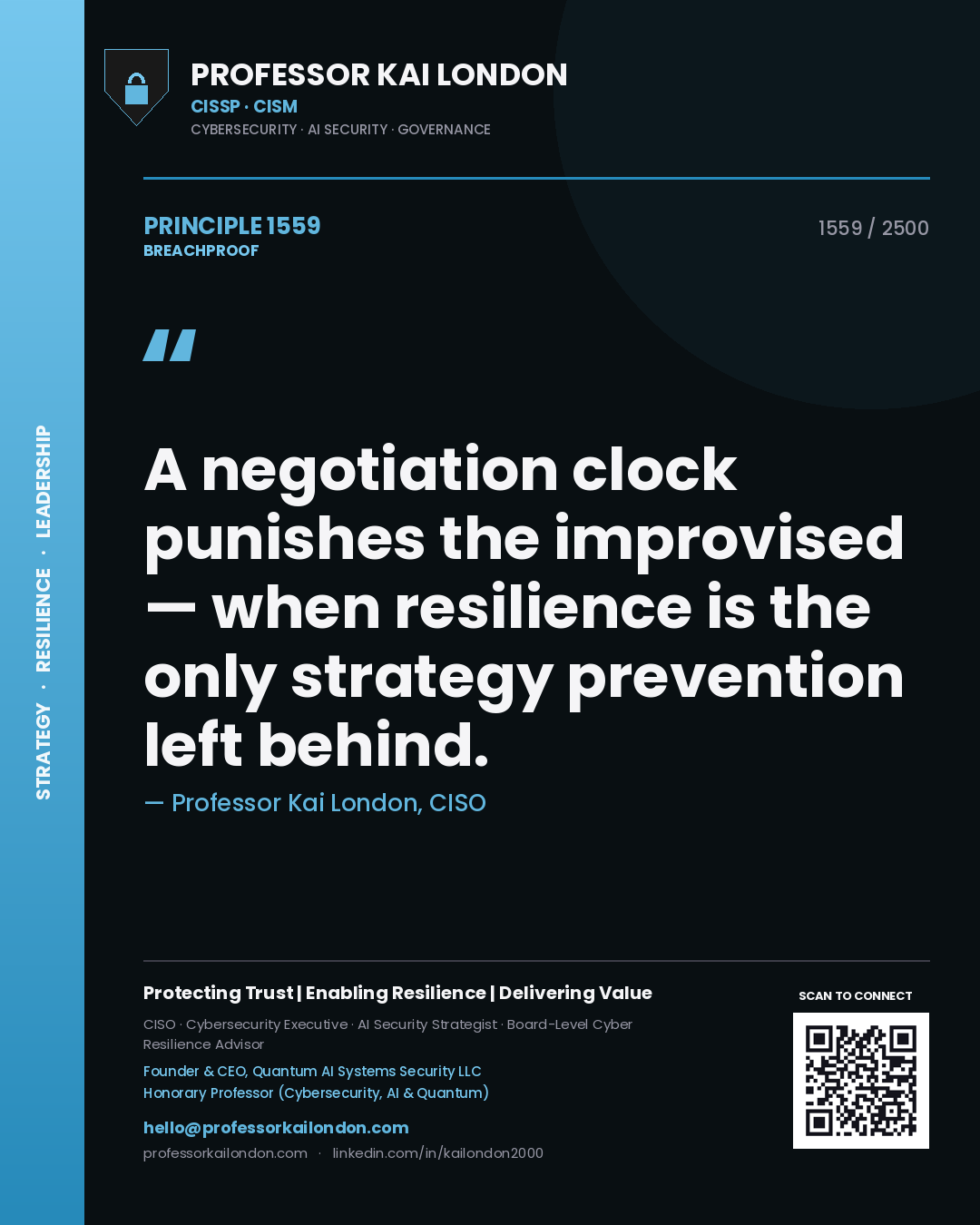 Professor Kai London principle 1559: A negotiation clock punishes the improvised — when resilience is the only strategy prevention left behind.