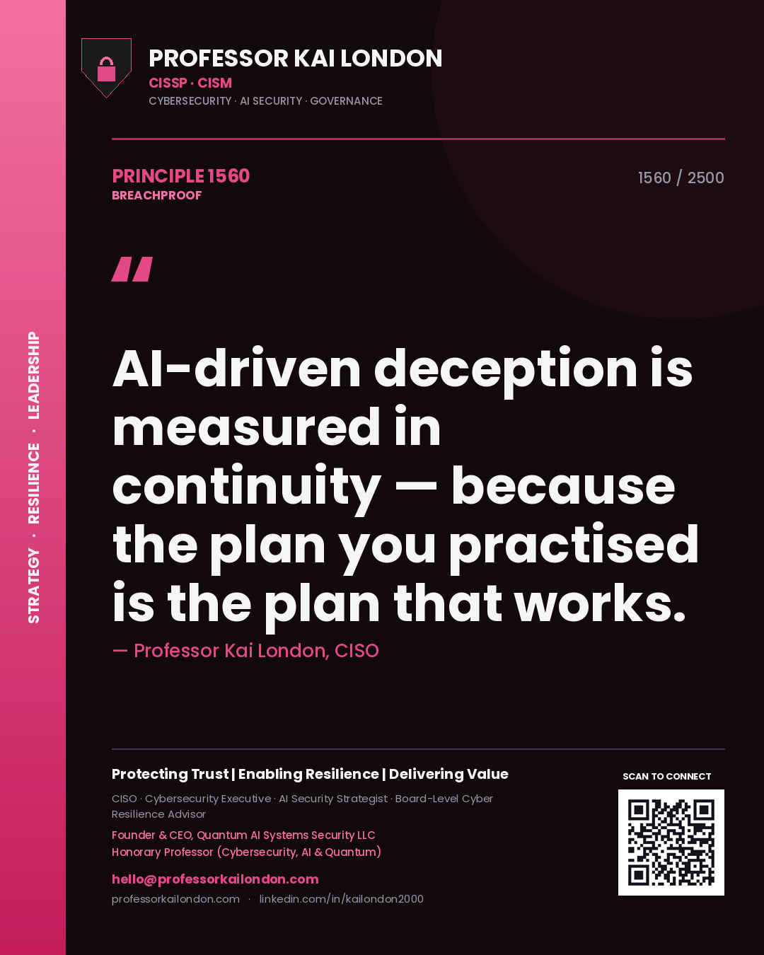Quote card by Professor Kai London reading 'AI-driven deception is measured in continuity — because the plan you practised is the plan that works.'. From the book Breachproof.