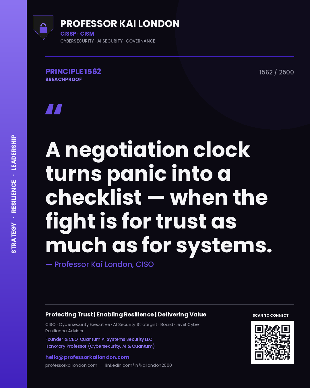 Quote card by Professor Kai London reading 'A negotiation clock turns panic into a checklist — when the fight is for trust as much as for systems.'. From the book Breachproof.