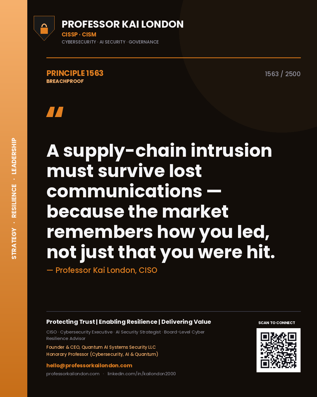 Professor Kai London principle 1563: A supply-chain intrusion must survive lost communications — because the market remembers how you led, not just that you were hit.