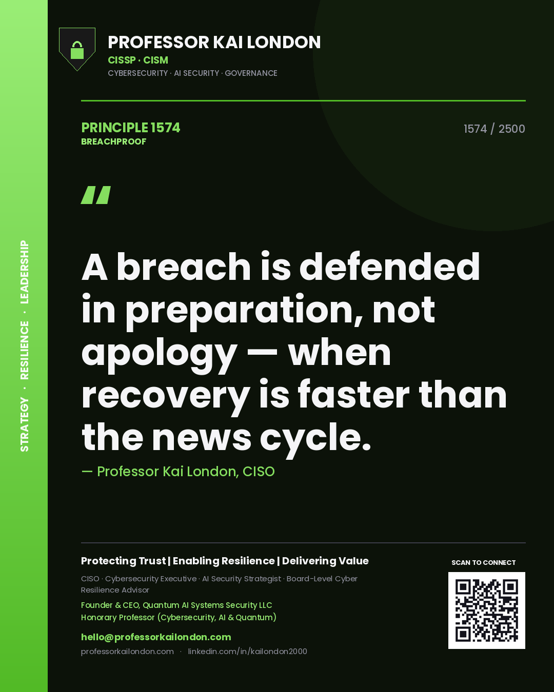 Quote card by Professor Kai London reading 'A breach is defended in preparation, not apology — when recovery is faster than the news cycle.'. From the book Breachproof.