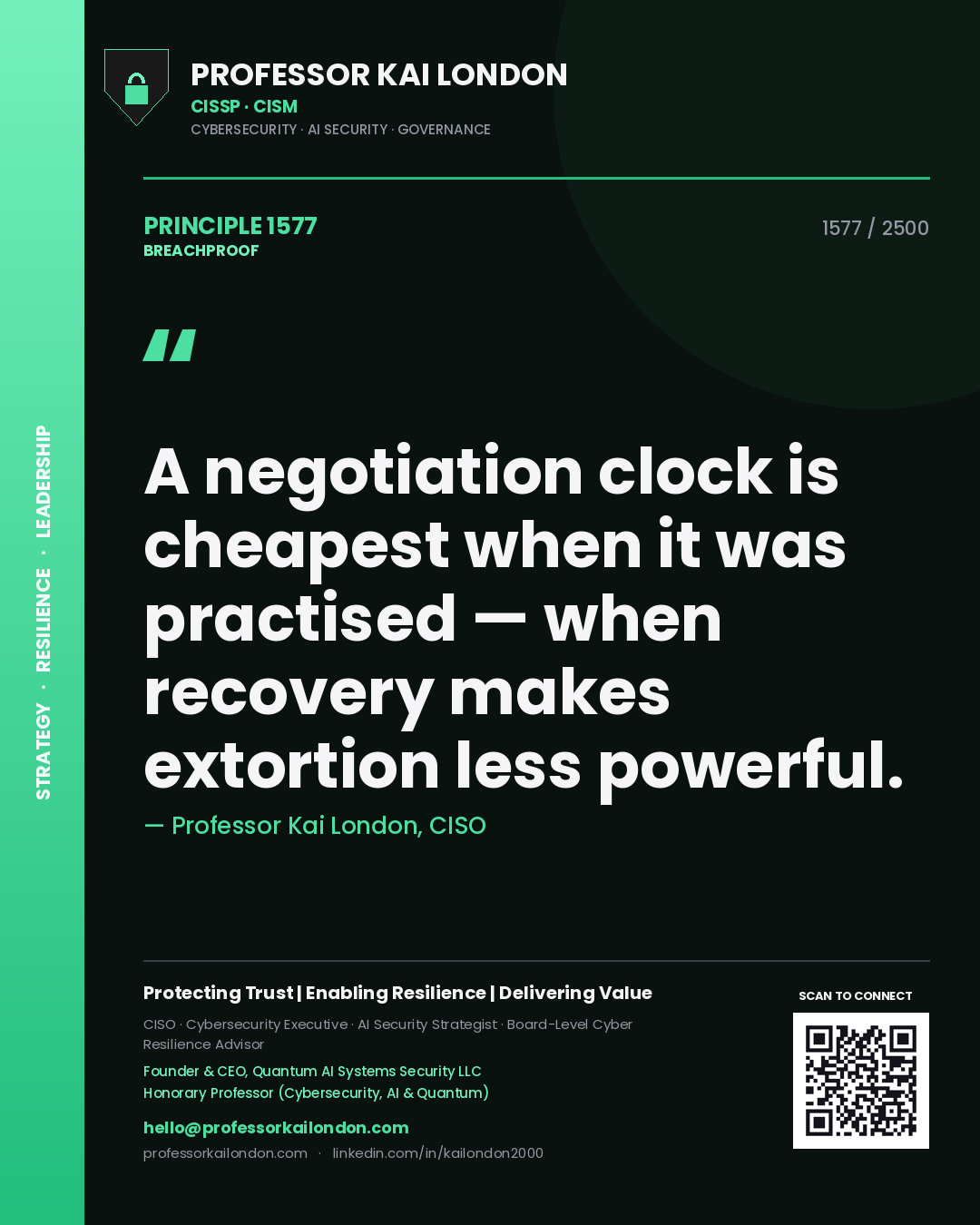 Quote card by Professor Kai London reading 'A negotiation clock is cheapest when it was practised — when recovery makes extortion less powerful.'. From the book Breachproof.