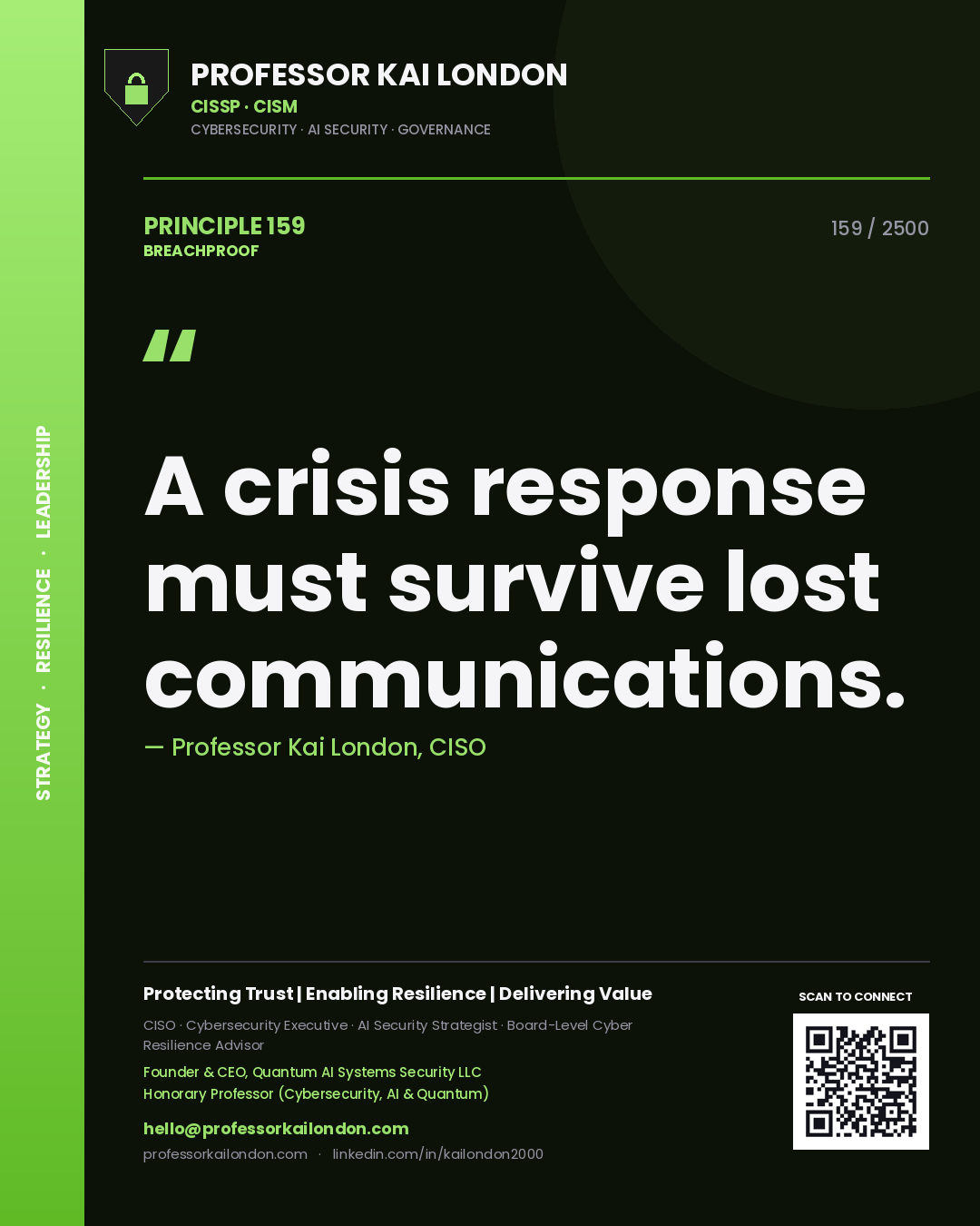 Quote card by Professor Kai London reading 'A crisis response must survive lost communications.'. From the book Breachproof.