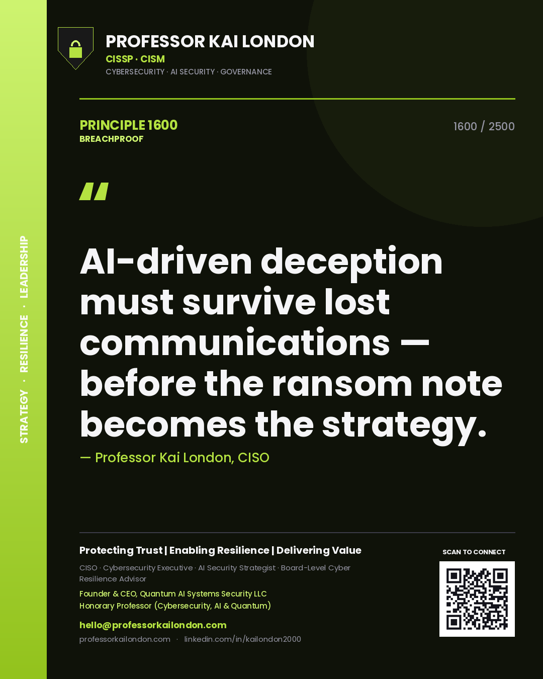 Quote card by Professor Kai London reading 'AI-driven deception must survive lost communications — before the ransom note becomes the strategy.'. From the book Breachproof.