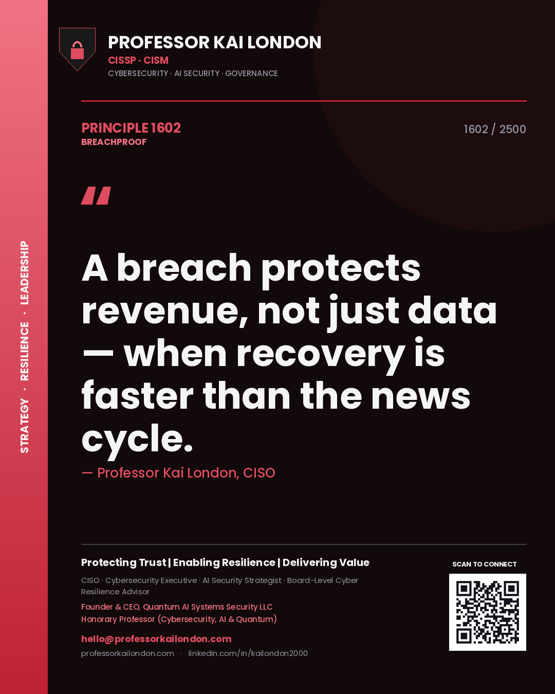Quote card by Professor Kai London reading 'A breach protects revenue, not just data — when recovery is faster than the news cycle.'. From the book Breachproof.