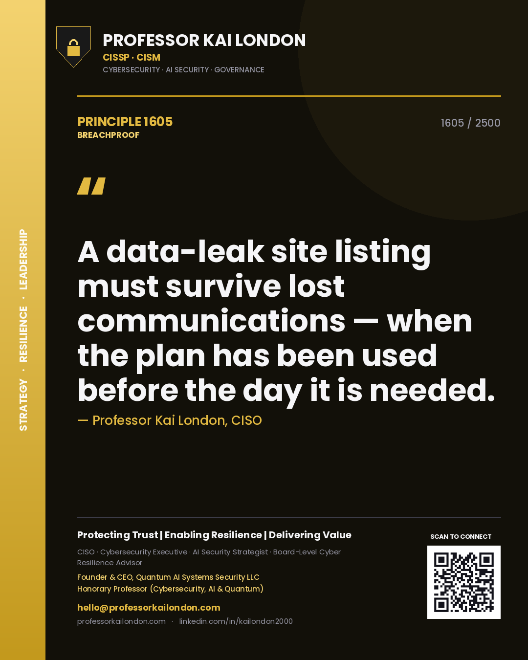 Quote card by Professor Kai London reading 'A data-leak site listing must survive lost communications — when the plan has been used before the day it is needed.'. From the book Breachproof.