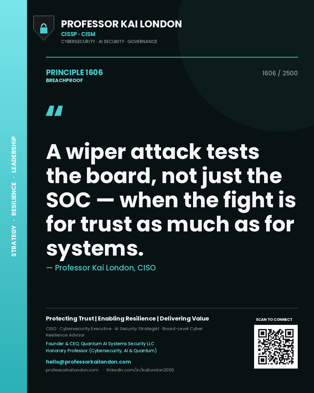 Quote card by Professor Kai London reading 'A wiper attack tests the board, not just the SOC — when the fight is for trust as much as for systems.'. From the book Breachproof.