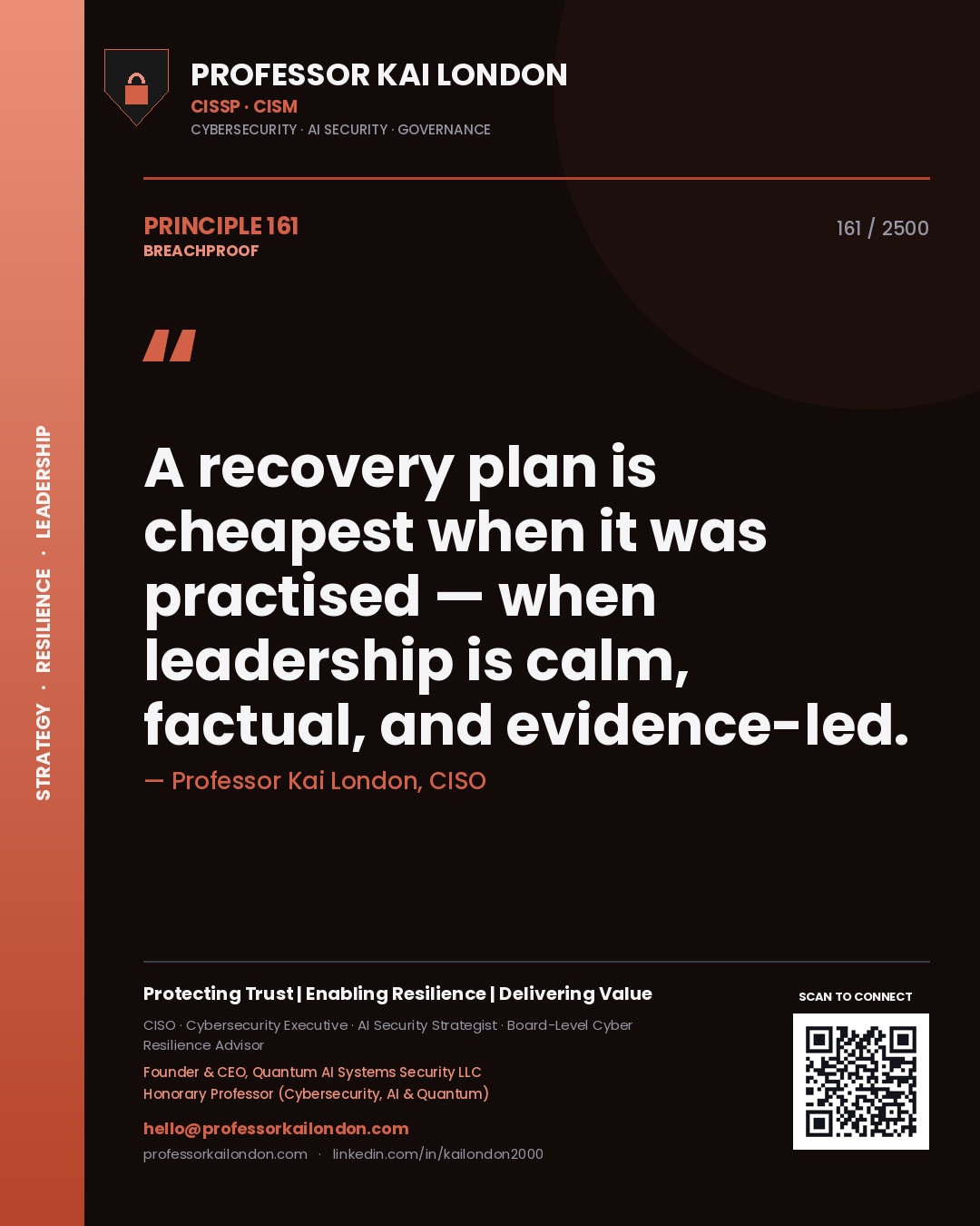 Quote card by Professor Kai London reading 'A recovery plan is cheapest when it was practised — when leadership is calm, factual, and evidence-led.'. From the book Breachproof.