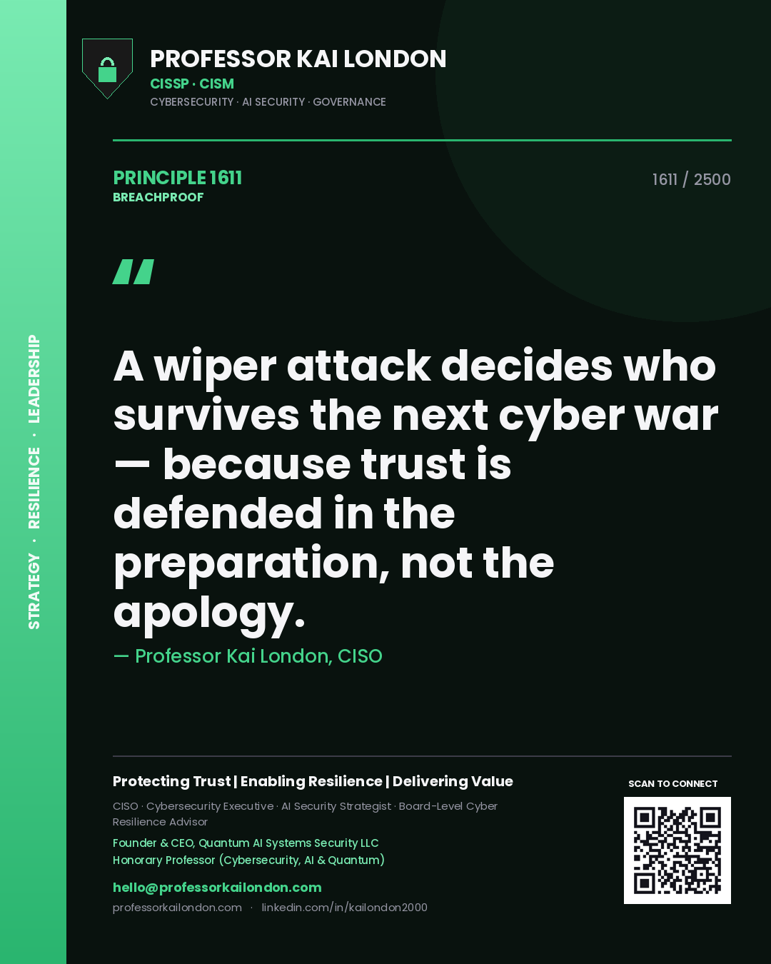 Professor Kai London principle 1611: A wiper attack decides who survives the next cyber war — because trust is defended in the preparation, not the apology.