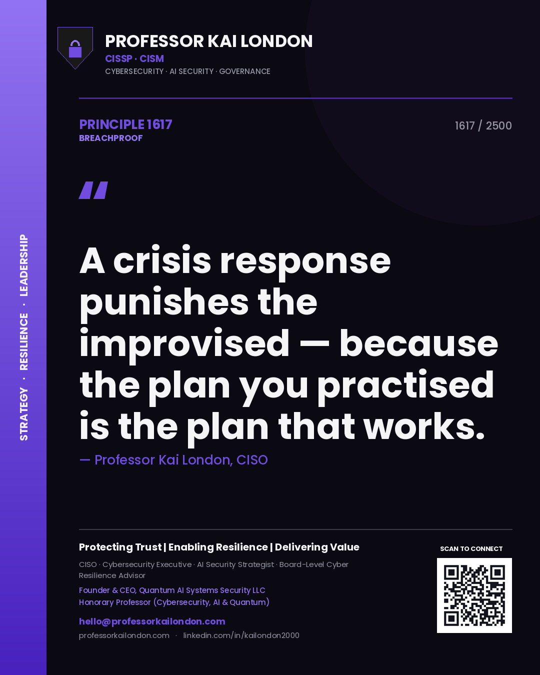 Professor Kai London principle 1617: A crisis response punishes the improvised — because the plan you practised is the plan that works.