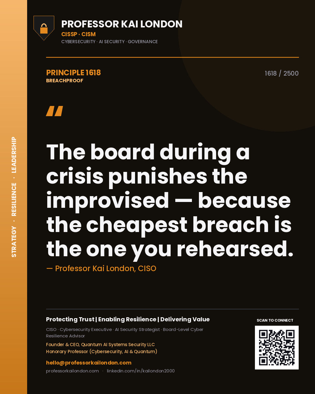 Quote card by Professor Kai London reading 'The board during a crisis punishes the improvised — because the cheapest breach is the one you rehearsed.'. From the book Breachproof.