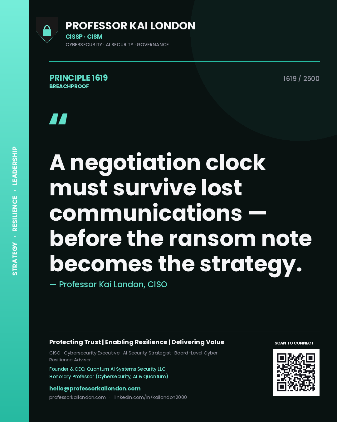 Professor Kai London principle 1619: A negotiation clock must survive lost communications — before the ransom note becomes the strategy.