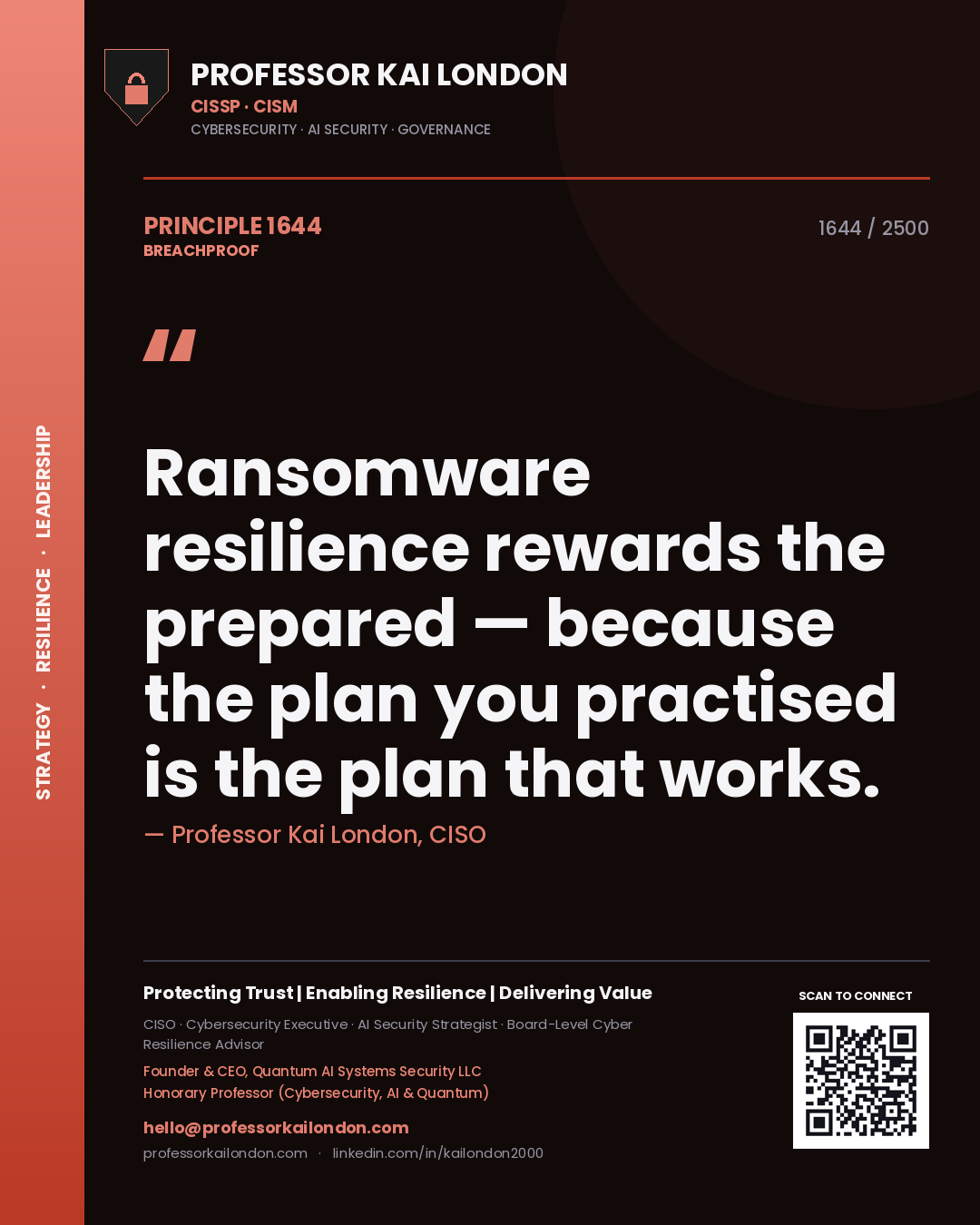 Professor Kai London principle 1644: Ransomware resilience rewards the prepared — because the plan you practised is the plan that works.