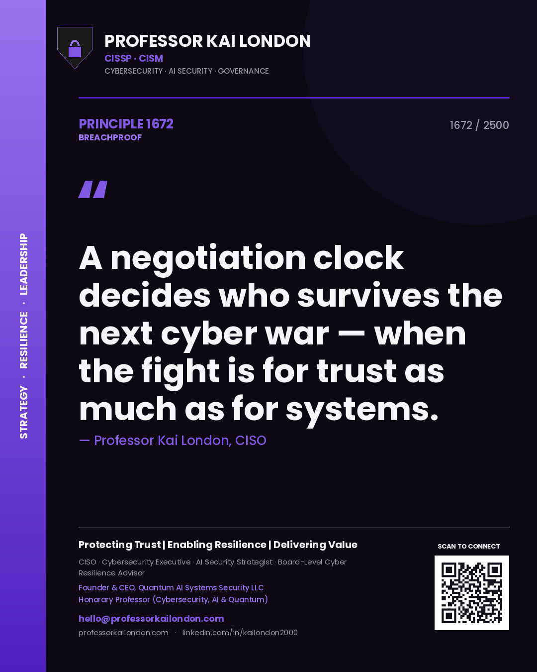 Quote card by Professor Kai London reading 'A negotiation clock decides who survives the next cyber war — when the fight is for trust as much as for systems.'. From the book Breachproof.