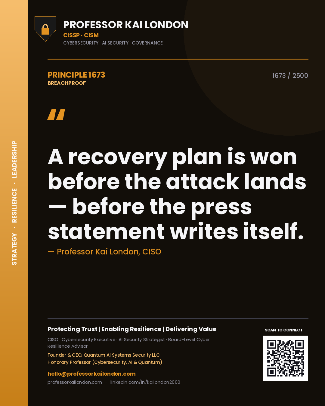 Quote card by Professor Kai London reading 'A recovery plan is won before the attack lands — before the press statement writes itself.'. From the book Breachproof.