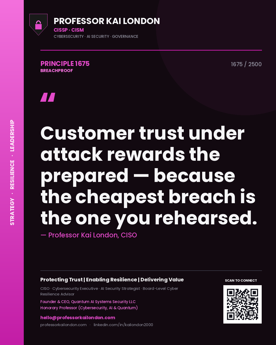 Professor Kai London principle 1675: Customer trust under attack rewards the prepared — because the cheapest breach is the one you rehearsed.