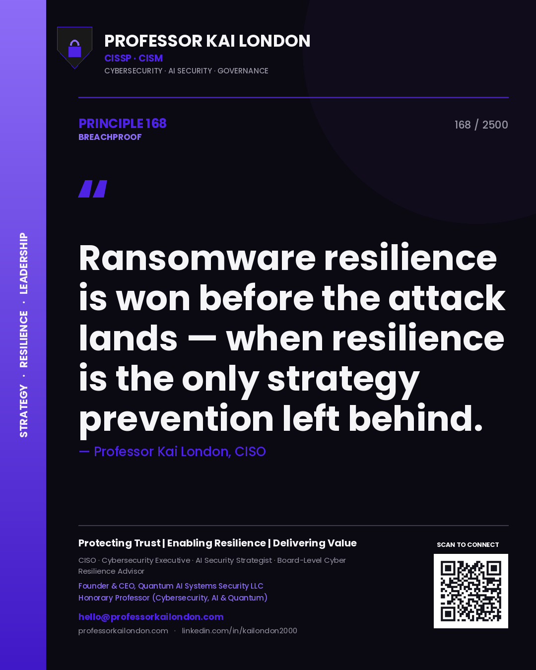 Quote card by Professor Kai London reading 'Ransomware resilience is won before the attack lands — when resilience is the only strategy prevention left behind.'. From the book Breachproof.
