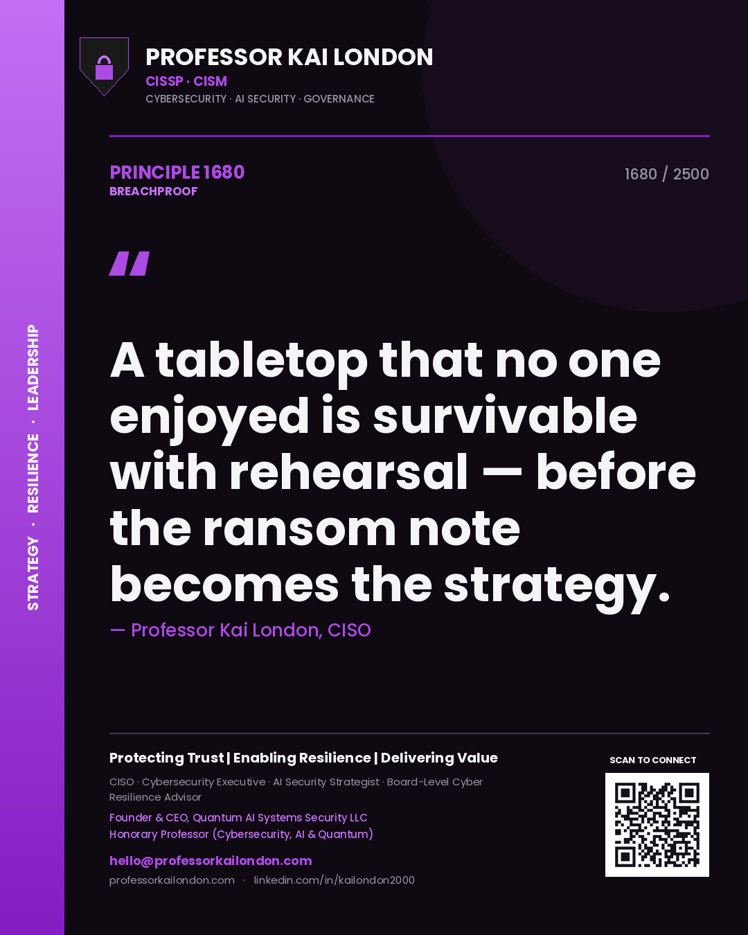 Quote card by Professor Kai London reading 'A tabletop that no one enjoyed is survivable with rehearsal — before the ransom note becomes the strategy.'. From the book Breachproof.