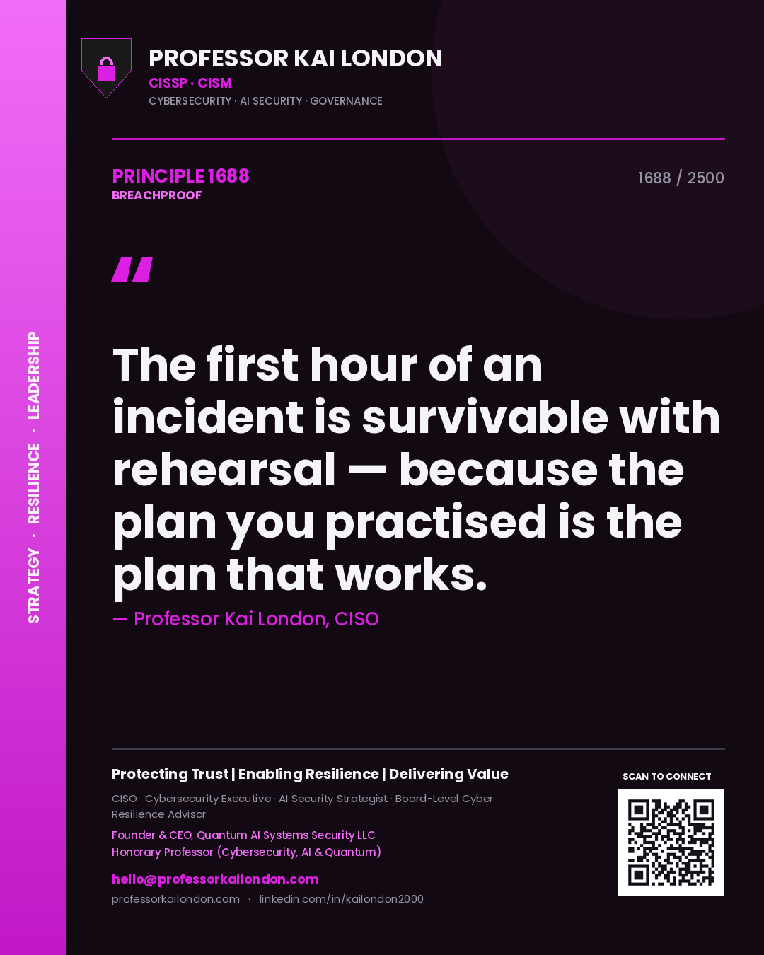 Quote card by Professor Kai London reading 'The first hour of an incident is survivable with rehearsal — because the plan you practised is the plan that works.'. From the book Breachproof.