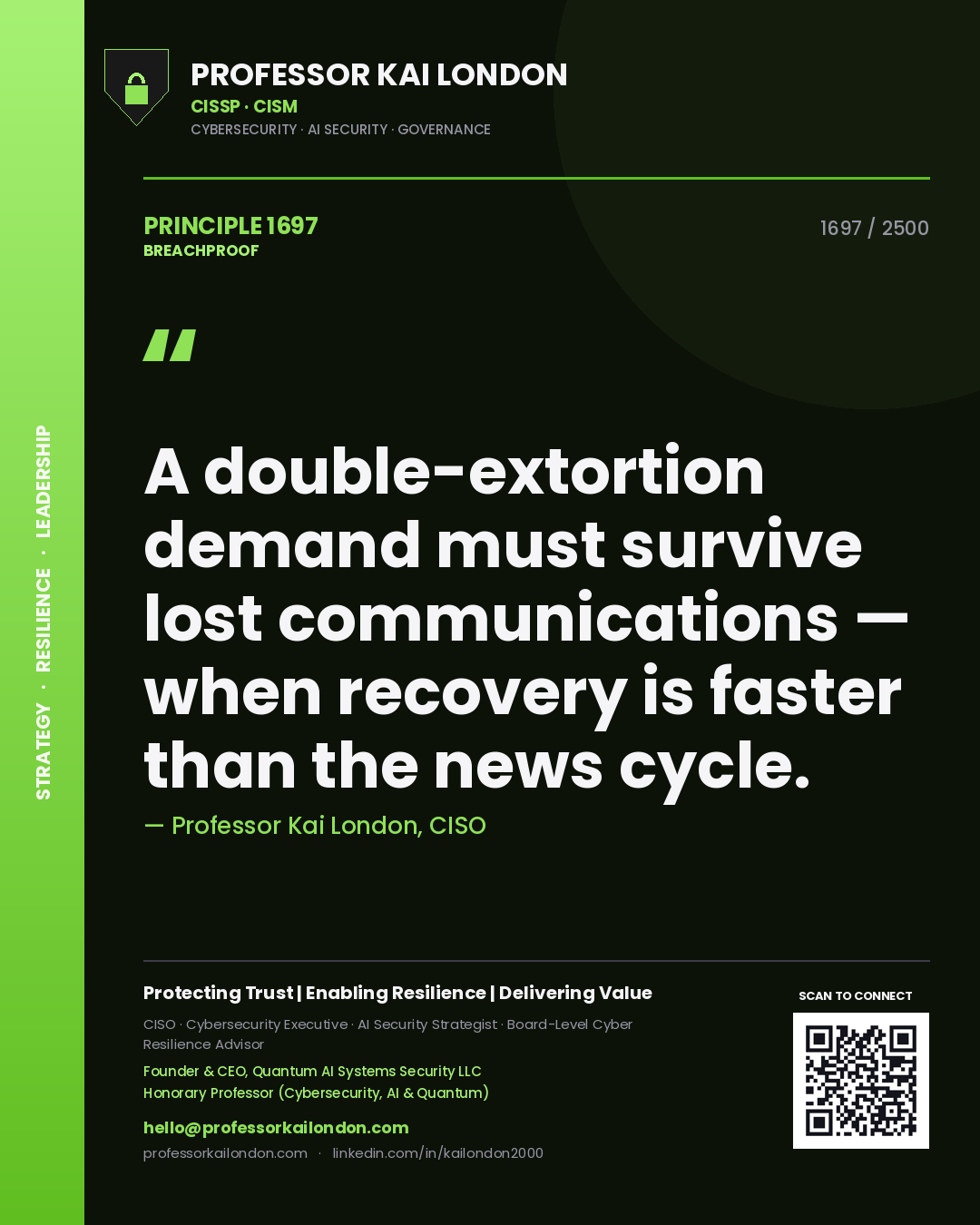 Quote card by Professor Kai London reading 'A double-extortion demand must survive lost communications — when recovery is faster than the news cycle.'. From the book Breachproof.
