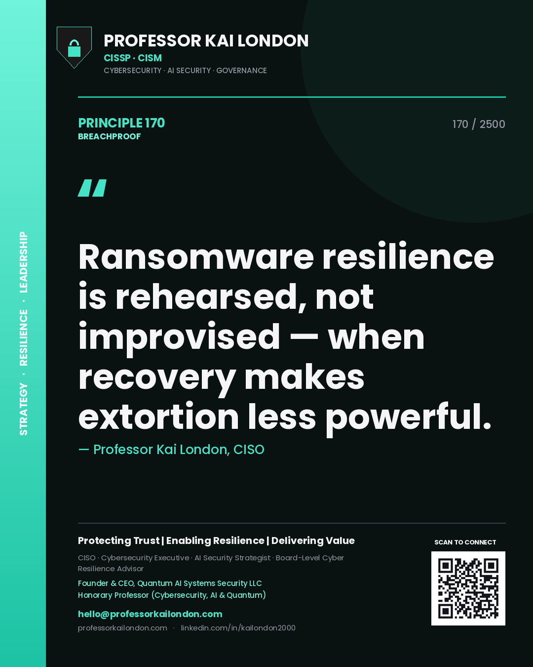Quote card by Professor Kai London reading 'Ransomware resilience is rehearsed, not improvised — when recovery makes extortion less powerful.'. From the book Breachproof.