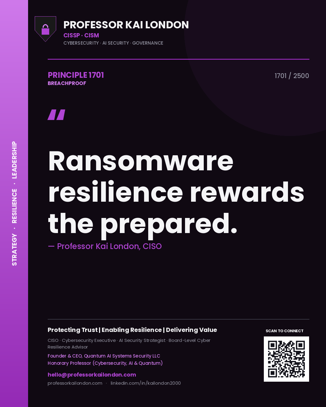 Quote card by Professor Kai London reading 'Ransomware resilience rewards the prepared.'. From the book Breachproof.