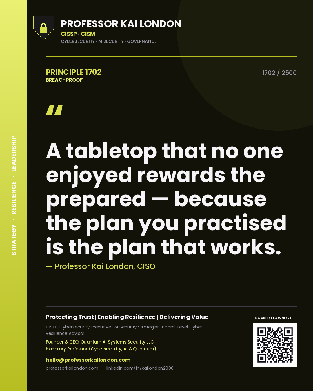 Quote card by Professor Kai London reading 'A tabletop that no one enjoyed rewards the prepared — because the plan you practised is the plan that works.'. From the book Breachproof.