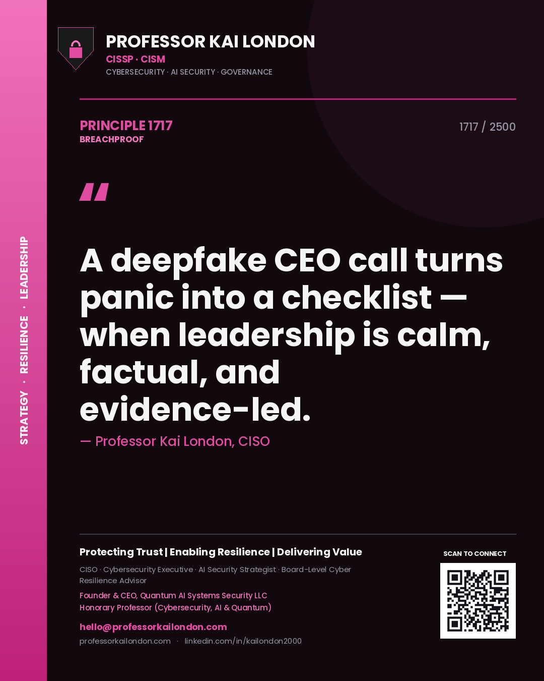Quote card by Professor Kai London reading 'A deepfake CEO call turns panic into a checklist — when leadership is calm, factual, and evidence-led.'. From the book Breachproof.