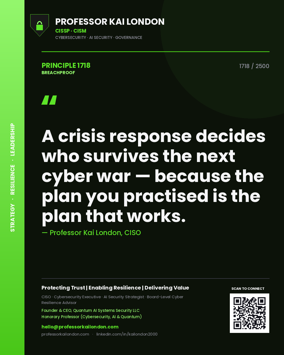 Quote card by Professor Kai London reading 'A crisis response decides who survives the next cyber war — because the plan you practised is the plan that works.'. From the book Breachproof.