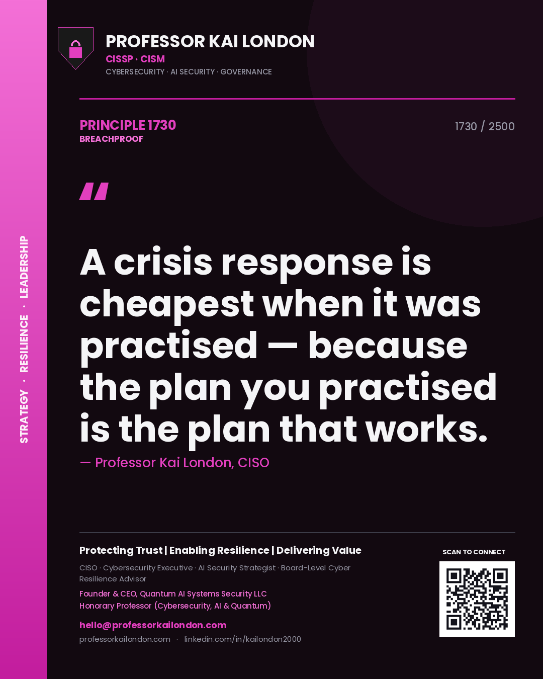 Quote card by Professor Kai London reading 'A crisis response is cheapest when it was practised — because the plan you practised is the plan that works.'. From the book Breachproof.