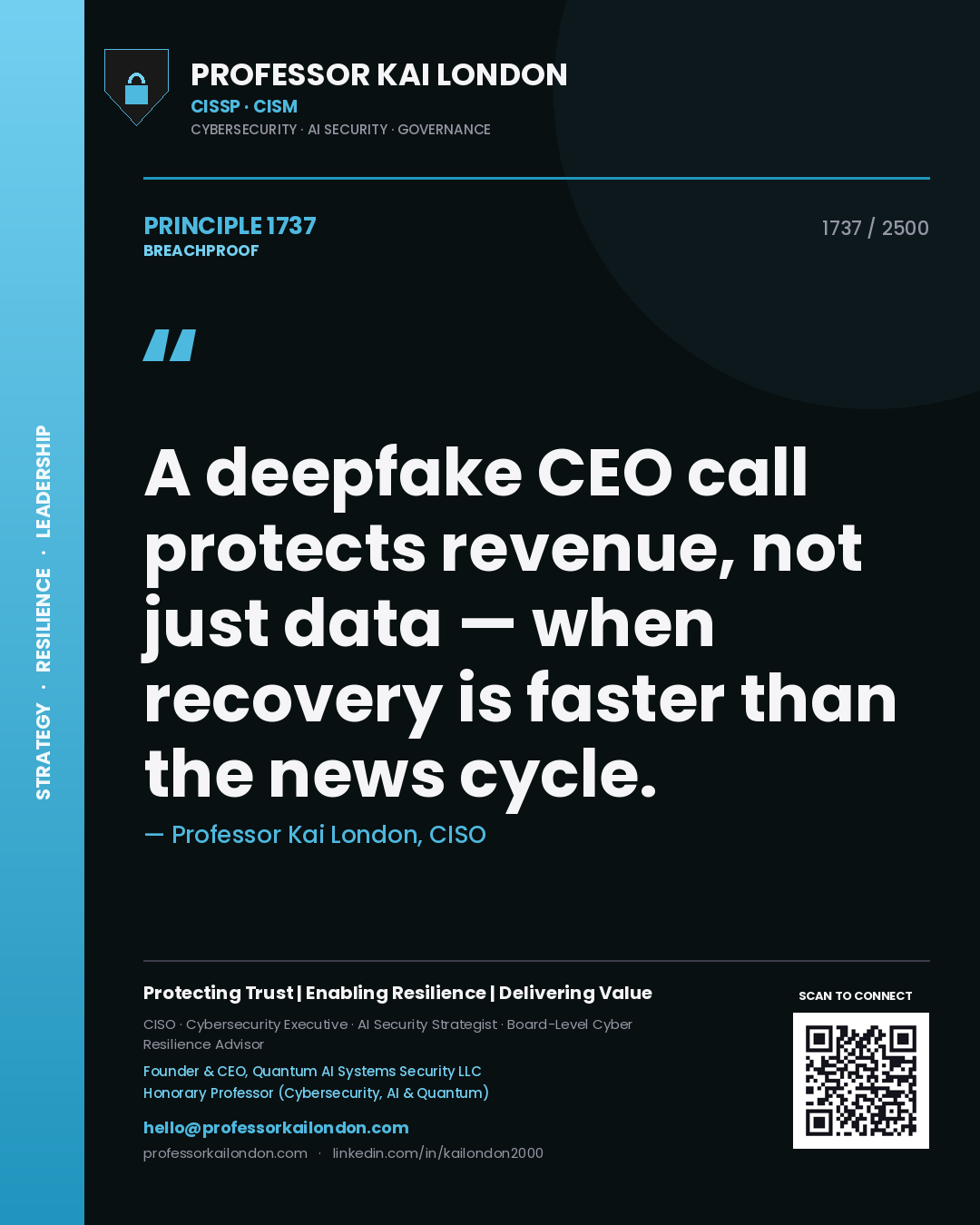 Quote card by Professor Kai London reading 'A deepfake CEO call protects revenue, not just data — when recovery is faster than the news cycle.'. From the book Breachproof.