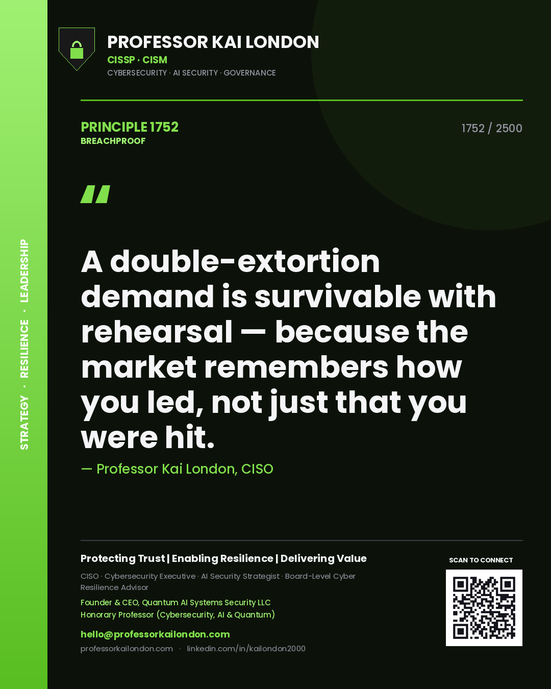 Quote card by Professor Kai London reading 'A double-extortion demand is survivable with rehearsal — because the market remembers how you led, not just that you were hit.'. From the book Breachproof.